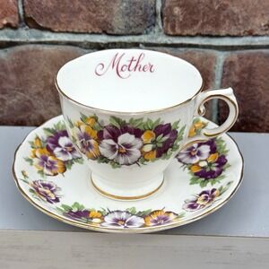 Vtg Tuscan English Bone China "Mother" Tea Cup Saucer Set Purple Yellow Violets